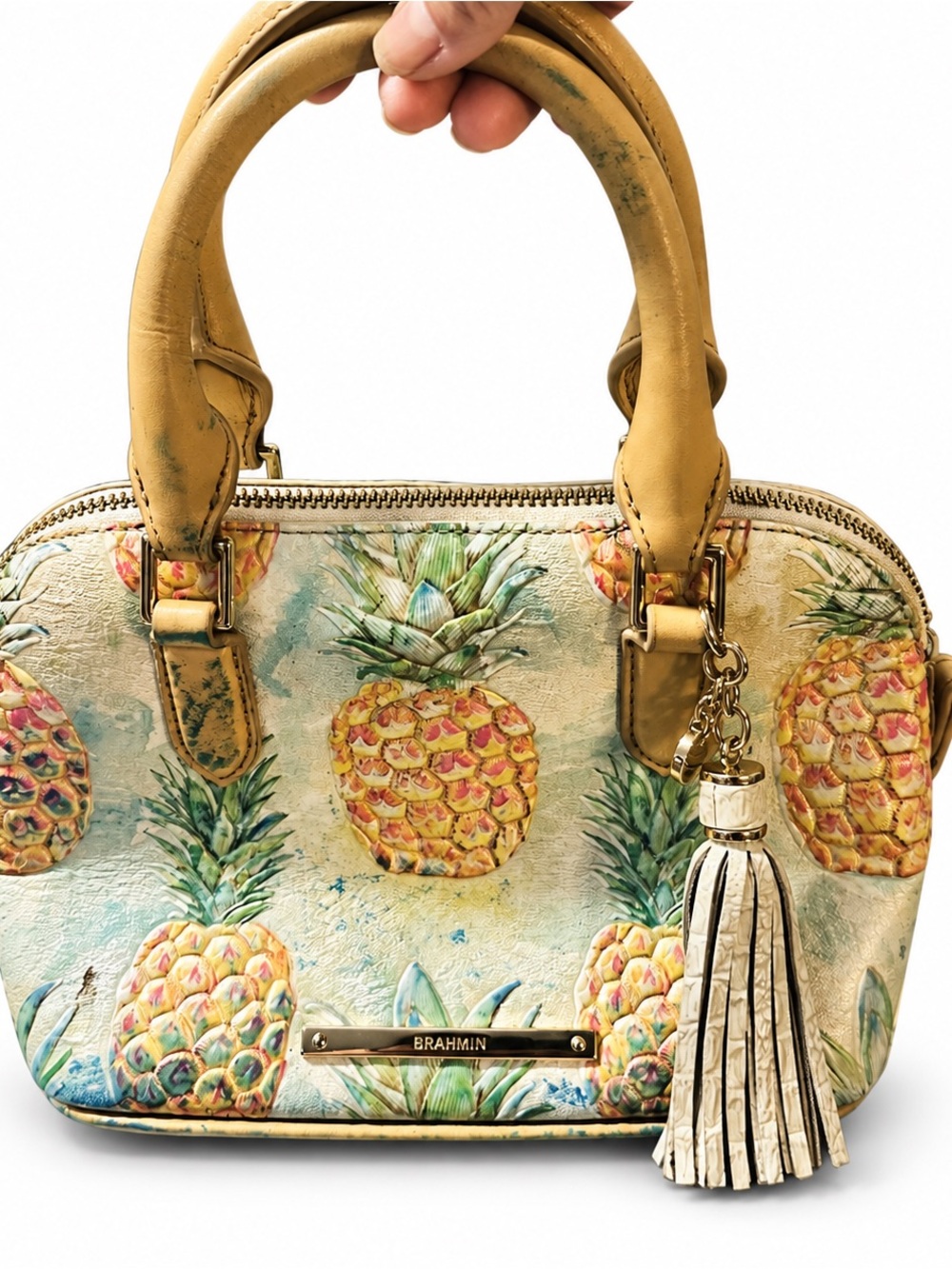 Brahmin Pineapple-Print Mini Satchel in Yellow and Green